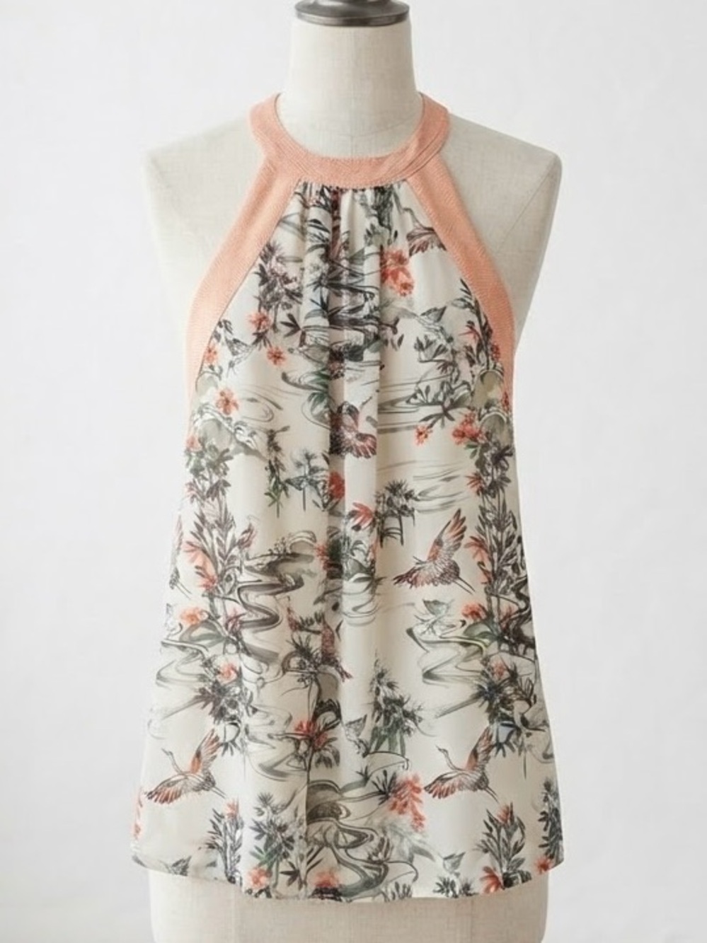 H&M| Peach Trim Oriental Print Floral Halter Cami Blouse Sz 6